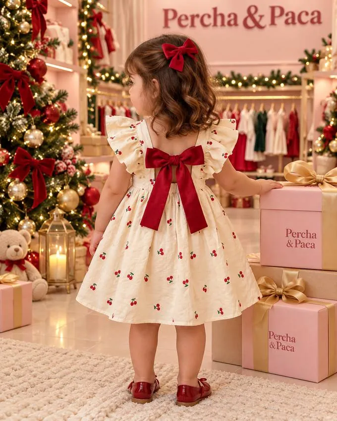 Vestido de cerezas con lazo en la espalda, espalda en la vitrina de Percha & Paca