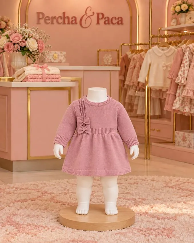 Vestido palo rosa con lazos y calado en la vitrina de Percha & Paca