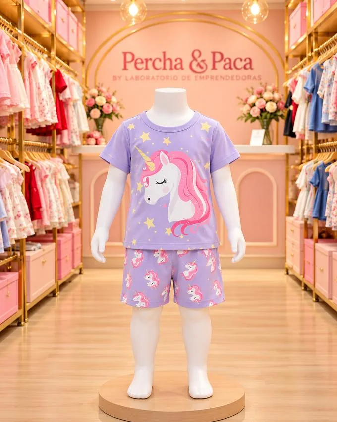 Unicornio lila con short en la vitrina de Percha & Paca