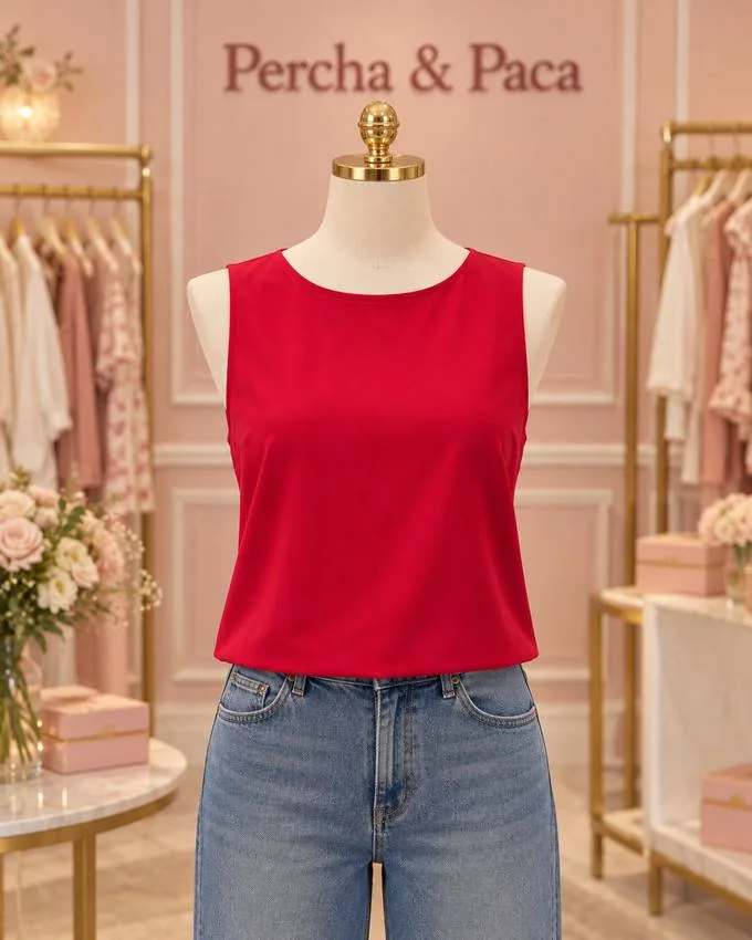 Blusa roja con lazo, frente, en la vitrina de Percha & Paca