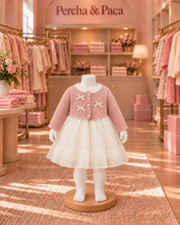 Set cárdigan rosado con vestido de tul en la vitrina de Percha & Paca