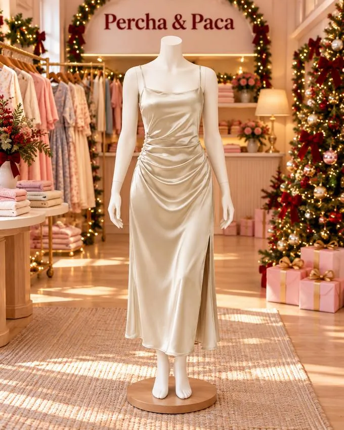 Vestido midi de satín champán con abertura en la vitrina de Percha & Paca