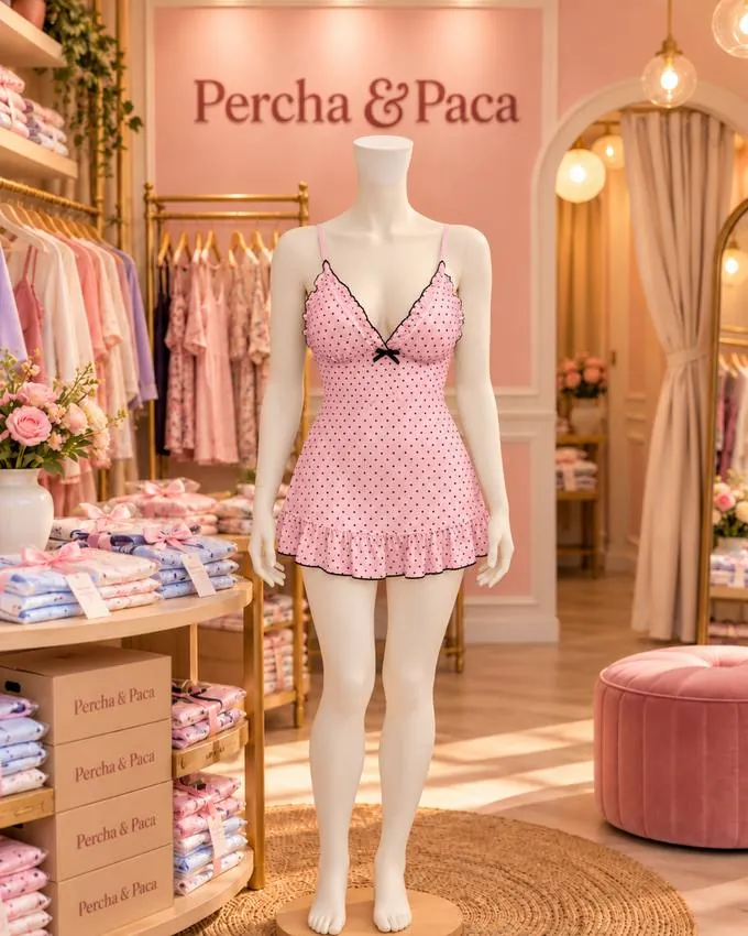 Camisón rosa con lunares en la vitrina de Percha & Paca