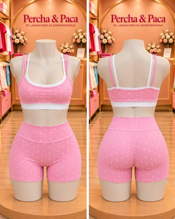 Conjunto rosado de puntitos, 2 vistas en la vitrina de Percha & Paca