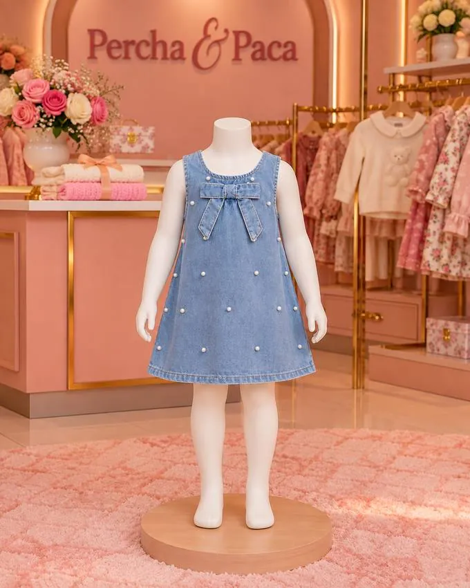 Vestido jean con perlitas y lazo en la vitrina de Percha & Paca