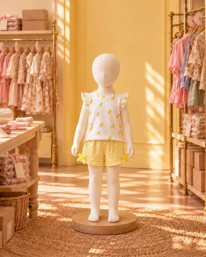 Blusa de limones y short a cuadros en la vitrina de Percha & Paca