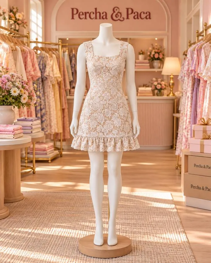 Vestido de encaje blanco con volante en la vitrina de Percha & Paca