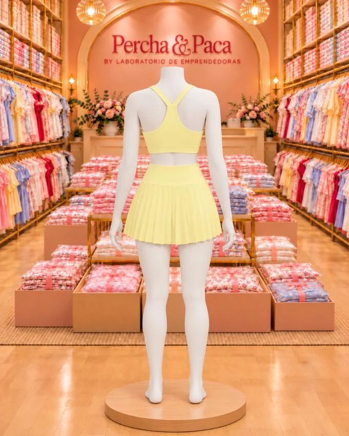Set amarillo de top y falda plisada, espalda en la vitrina de Percha & Paca