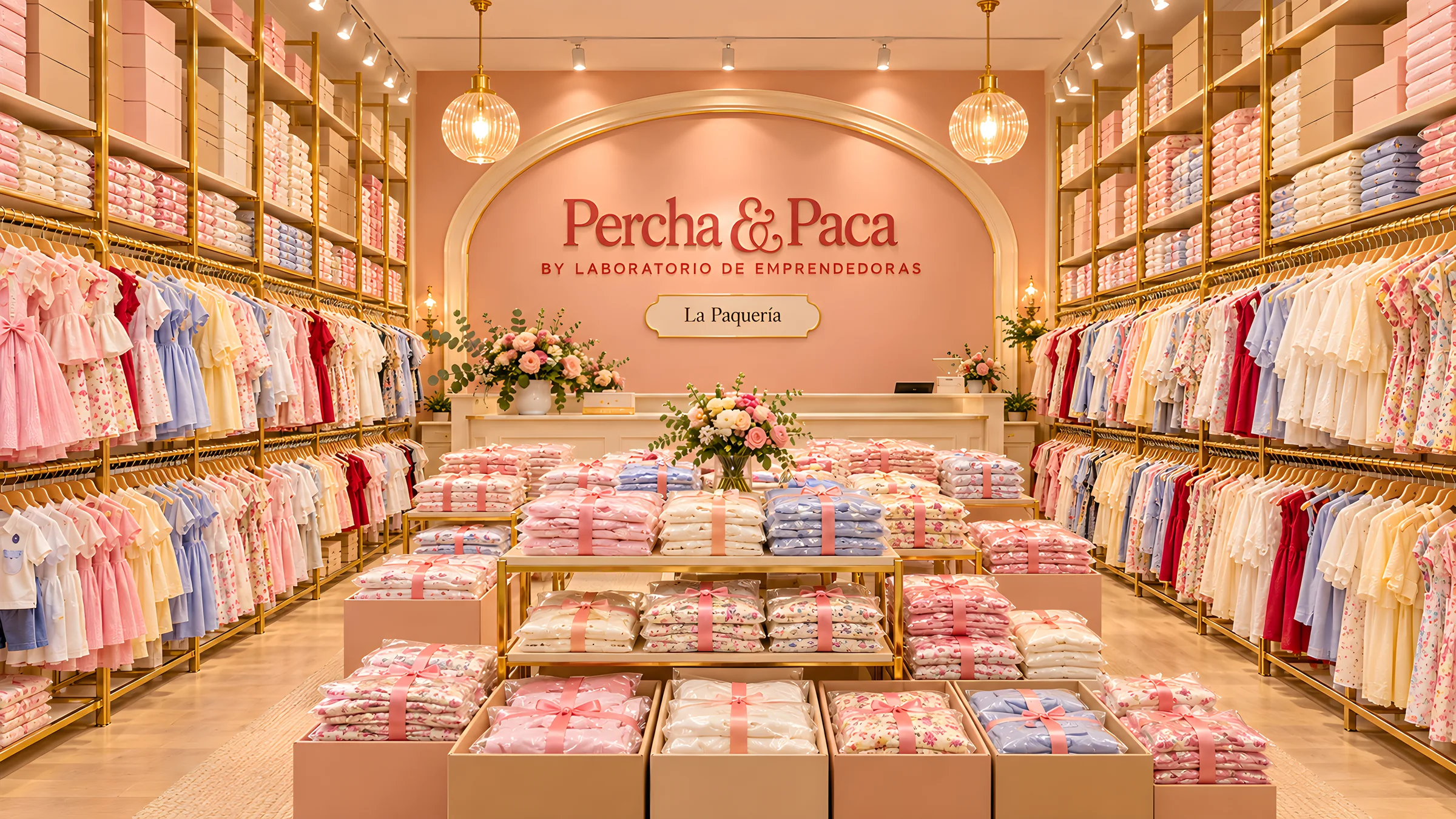 Pasillo de La Paquería en Percha & Paca: percheros con ropa de niña, niño y mujer y pacas atadas con cinta rosa