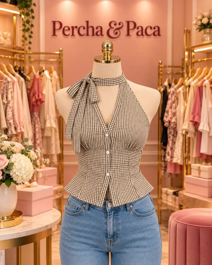 Halter vichy con lazo en la vitrina de Percha & Paca