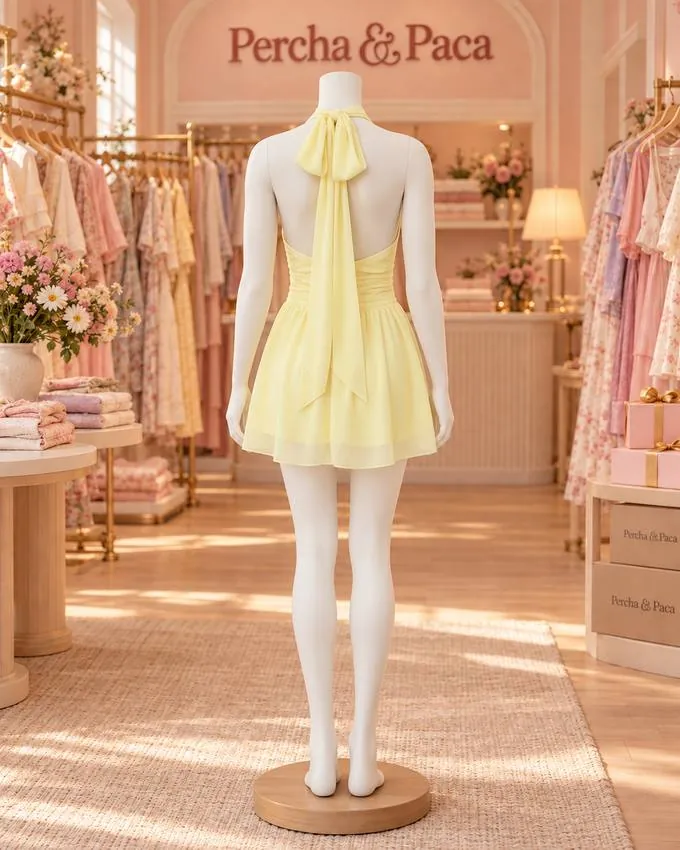 Vestido halter amarillo de gasa, espalda en la vitrina de Percha & Paca
