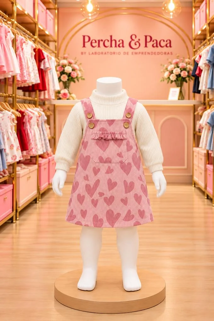 Jumper rosado de corazones en la vitrina de Percha & Paca