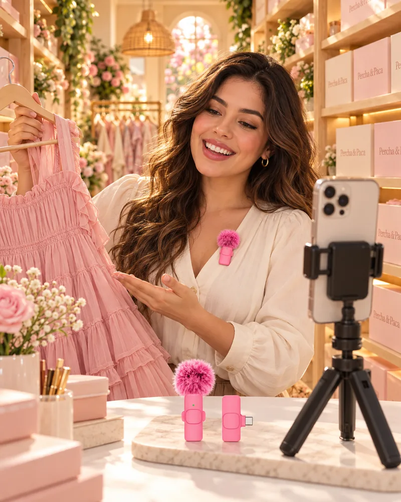 Emprendedora grabando un video con el micrófono rosado puesto