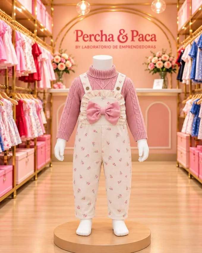 Crema con florcitas y lazo rosado en la vitrina de Percha & Paca