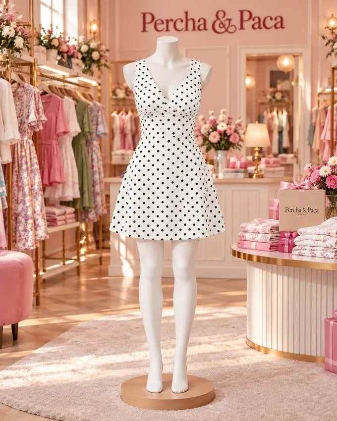 Vestido blanco de lunares escote en V en la vitrina de Percha & Paca