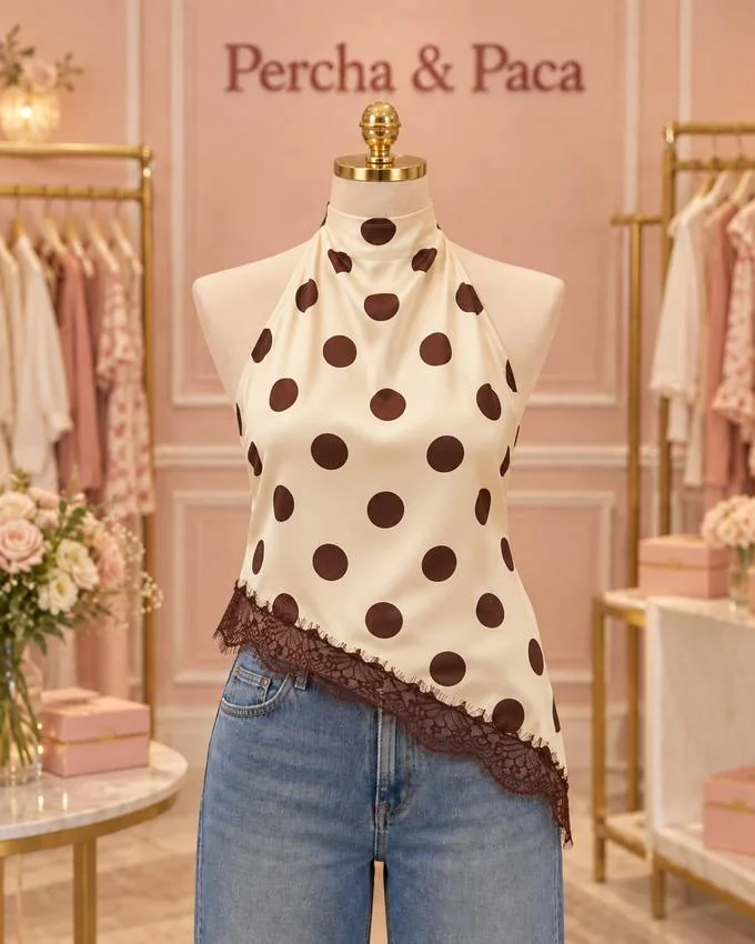 Halter de lunares con encaje, frente, en la vitrina de Percha & Paca