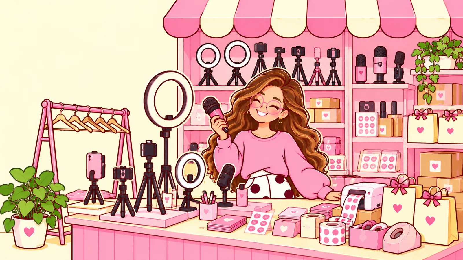 Pasillo para emprender ilustrado: aros de luz, micrófonos, trípodes, impresora de etiquetas y bolsas de regalo